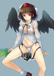  alternate_costume babydoll bad_id bad_twitter_id black_hair black_neckwear black_ribbon black_wings breasts camera center_opening cibo_(killy) commentary_request covered_nipples groin hat hauchiwa highres long_sleeves looking_at_viewer medium_breasts navel neck_ribbon panties pom_pom_(clothes) red_eyes ribbon see-through shameimaru_aya short_hair side-tie_panties smile solo tokin_hat touhou underwear white_panties wings 
