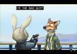  anthro canine dialogue disney duo falling_down film fox gun handgun hi_res judy_hopps lagomorph mammal nick_wilde parody perspective rabbit ranged_weapon weapon zootopia 