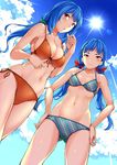  ass_visible_through_thighs bangs bikini blue_hair blue_skirt breasts cleavage collarbone copyright_request dutch_angle from_below front-tie_bikini front-tie_top green_bikini hands_on_hips large_breasts low_twintails multiple_girls navel orange_bikini orange_eyes side-tie_bikini skirt small_breasts sugarbeat sunlight swimsuit twintails 