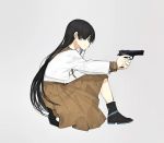  beretta_92 black_hair commentary gun handgun highres holding holding_gun holding_weapon long_hair one_knee original pistol profile school_uniform seallllion serafuku simple_background solo very_long_hair weapon 