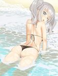  ;o ass back beach bikini black_bikini blue_eyes blush highres kantai_collection kashima_(kantai_collection) looking_at_viewer looking_back ocean one_eye_closed silver_hair solo swimsuit throtem twintails 