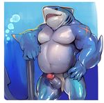  anchor anthro balls belly bubble clothing erection fish iceman1984 loincloth looking_at_viewer male marine musclegut penis shark simple_background slightly_chubby solo 