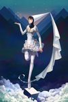  bad_id bad_pixiv_id black_hair blue_eyes cloud cube dress flower full_body hat highres humanization ida_(monument_valley) monument_valley_(game) mountain princess rose scy sky solo star_(sky) thighhighs 