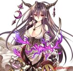  antenna_hair bandaged_arm bandages bare_shoulders black_gloves black_hair blush breasts cleavage collarbone commentary_request cowboy_shot crescent danua draph dress fingerless_gloves gloves granblue_fantasy gretel_(granblue_fantasy) hair_between_eyes hansel_(granblue_fantasy) horn_ornament jewelry large_breasts long_hair looking_at_viewer necklace nozomi_fuuten pink_eyes pointy_ears solo stuffed_toy twitter_username underbust white_dress 