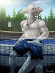  2016 anthro bludermaus clothed clothing detailed_background digital_media_(artwork) fin fish gills hair jewelry male marine navel necklace outside shark sharp_teeth smile solo swim swimming teeth topless tree water 