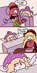  3koma ? blank_stare blush_stickers book clownpiece comic commentary cooking couch earth_(ornament) english fairy_wings flat_color hat hecatia_lapislazuli jester_cap junko_(touhou) multiple_girls open_mouth orz_(kagewaka) polka_dot polos_crown pot red_hair shaded_face sitting sketch spoken_question_mark stove touhou truth wings |_| 