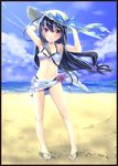  beach bikini black_hair blue_sky cloud day hat hatsushimo_(kantai_collection) kantai_collection kyougoku_touya long_hair low-tied_long_hair open_mouth outdoors red_eyes sand sandals sky smile solo sun_hat swimsuit water 