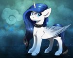  blue_eyes blue_hair collar detailed_background equine fan_character feathered_wings feathers female feral fur hair hooves horn horse mammal my_little_pony pony silentwulv smile solo standing white_fur winged_unicorn wings 