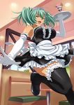  black_legwear breasts elbow_gloves frilled_gloves frilled_legwear frills gloves green_eyes green_hair headdress holding ikkitousen indoors large_breasts leg_lift looking_at_viewer maid_cafe mary_janes open_mouth parfait ryofu_housen shoes skirt solo thighhighs tray twintails white_gloves 