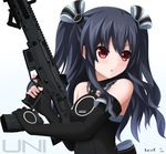  =3 angled_foregrip assault_rifle bare_shoulders black_gloves black_hair black_ribbon character_name detached_sleeves fingerless_gloves gloves gun hair_ribbon holding holding_gun holding_weapon keenh long_hair looking_to_the_side magazine_(weapon) magpul masada_acr neptune_(series) red_eyes red_hair ribbon rifle signature simple_background solo trigger_discipline two_side_up uni_(choujigen_game_neptune) weapon white_background 