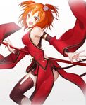  :d ass black_legwear breasts china_dress chinese_clothes circlet detached_sleeves dress fate/grand_order fate_(series) fujimaru_ritsuka_(female) large_breasts monkey_tail open_mouth orange_eyes orange_hair sideboob smile solo staff tail thighs uraha v-shaped_eyebrows white_background 