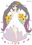  absurdres alternate_costume amano_kouki arm_behind_back bare_shoulders barefoot black_hair check_commentary collarbone commentary_request dated dress flower hair_flower hair_ornament heart highres long_hair looking_at_viewer note-chan open_mouth original petals purple_eyes sleeveless sleeveless_dress smile solo strapless strapless_dress sunflower twintails very_long_hair white_background white_dress 