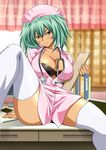  breasts green_eyes green_hair hat holding ikkitousen indoors large_breasts looking_at_viewer notepad nurse nurse_cap on_table ryofu_housen shiny shiny_skin sitting smile solo stethoscope table thighhighs twintails unbuttoned unbuttoned_shirt white_legwear 