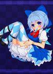  adjusting_clothes adjusting_legwear argyle argyle_legwear black_footwear bloomers blue_background blue_bow blue_dress blue_eyes blue_hair blue_legwear blush bow bowtie bracelet checkered checkered_background cirno colored_eyelashes dress food from_side hair_bow highres ice ice_wings jewelry looking_at_viewer mouth_hold popsicle puffy_short_sleeves puffy_sleeves red_bow red_neckwear shoes short_hair short_sleeves solo sparkle_background thighhighs tiara tokoya_(ex-hetare) touhou underwear wings 