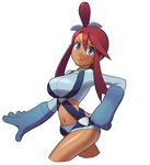  blue_eyes blush breasts dark_skin fuuro_(pokemon) gym_leader hair_ornament large_breasts long_hair majin_(marcia) midriff navel pokemon pokemon_(game) pokemon_bw red_hair smile solo 