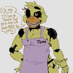  animatronic anthro apron avian beak big_breasts bird breasts chicken cleavage clothed clothing dialogue five_nights_at_freddy&#039;s five_nights_at_freddy&#039;s_4 ghost_(artist) machine nightmare_chica_(fnaf) non-mammal_breasts panties robot sharp_teeth solo teeth underwear video_games 