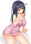  ahoge bare_shoulders black_eyes black_hair blush breasts collarbone covered_navel hand_on_own_chest kantai_collection large_breasts long_hair looking_to_the_side mizushina_minato naked_towel pink_towel simple_background sitting solo towel ushio_(kantai_collection) white_background 