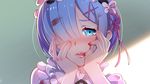  blood blood_on_face bloody_clothes bloody_hair bloody_hands blue_eyes blue_hair blush hair_ornament hair_over_one_eye hands_on_own_cheeks hands_on_own_face head_tilt highres looking_at_viewer maid maid_headdress nose_blush parted_lips re:zero_kara_hajimeru_isekai_seikatsu rem_(re:zero) short_hair solo tanotomoe tongue tongue_out upper_body x_hair_ornament yandere_trance 