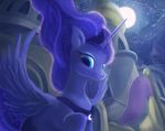  2015 blue_eyes blue_feathers blue_fur blue_hair city cosmic_hair crown cutie_mark equine feathered_wings feathers female feral friendship_is_magic fur hair horn jewelry looking_at_viewer mammal moon my_little_pony necklace night princess_luna_(mlp) rodrigues404 sky solo spread_wings star winged_unicorn wings 