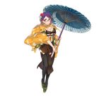  bangs black_legwear breasts cleavage flower full_body glasses hair_flower hair_ornament holding kasumi_(luminous_arc) kippu large_breasts long_sleeves luminous_arc luminous_arc_infinity official_art parasol purple_hair smile solo swept_bangs transparent_background umbrella 