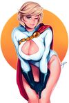  blonde_hair blue_eyes breasts cape cleavage cleavage_cutout dc_comics hips large_breasts leaning_forward light_smile lips looking_at_viewer loyproject one_eye_closed power_girl short_hair signature simple_background solo thighs white_background 