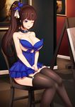  bangs blue_dress blunt_bangs breasts brown_hair chair choker daydream_(zhdkffk21) dress dungeon_and_fighter feet_out_of_frame female_gunner_(dungeon_and_fighter) garter_straps hands_on_lap highres large_breasts long_hair one_eye_closed painting_(object) ponytail sitting solo thighhighs 