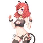  absurdres animal_ears bell bell_choker black_panties breasts cat_cutout cat_ear_panties cat_ears cat_lingerie cat_tail choker cleavage cleavage_cutout fang highres looking_at_viewer love_live! love_live!_school_idol_project medium_breasts meme_attire midriff nadaellus_(arx075) navel nishikino_maki open_mouth panties paw_pose purple_eyes red_hair short_hair side-tie_panties solo tail thighhighs underwear 