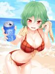  :d adapted_costume asutora bare_arms bare_legs bare_shoulders beach bikini blush breasts check_commentary cleavage cloud cloudy_sky collarbone commentary commentary_request day eyebrows eyebrows_visible_through_hair front-tie_top green_hair hair_between_eyes highres kazami_yuuka large_breasts looking_at_viewer navel ocean open_mouth outdoors plaid plaid_bikini pocari_sweat reaching_out red_bikini red_eyes sand short_hair side-tie_bikini sky smile soda solo stomach swimsuit teeth thighs touhou towel towel_around_neck wavy_hair 