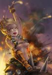  2016 arm_strap arm_tattoo artist_name bare_shoulders belt black_gloves blonde_hair bracer breasts chain collarbone dated explosive fiery_hair fingerless_gloves fire genderswap genderswap_(mtf) gloves green_shorts grenade hand_up harness heart highres junkrat_(overwatch) large_breasts looking_at_viewer mechanical_arm mechanical_hand messy_hair open_mouth overwatch patches peg_leg shisherry short_hair shorts single_glove sitting sitting_on_object skull_and_crossbones smoke solo spiked_hair spikes stomach strap tattoo teeth tire underboob yellow_eyes 