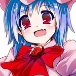  blue_hair brooch fa_no_hito fang hat jewelry mob_cap open_mouth red_eyes remilia_scarlet solo touhou upper_body white_background 