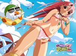  1girl ahoge bandaid bare_shoulders bikini bird blush_stickers bracelet choker cloud collarbone dutch_angle eating fingernails flat_chest hair_between_eyes highres hips innertube jewelry legs long_hair looking_at_viewer midriff mugi_maru mugimaru nakahara_komugi navel necklace nurse_witch_komugi-chan official_art outdoors parted_lips pendant pink_bikini popsicle red_eyes red_hair seagull side-tie_bikini sky standing sunglasses swimsuit tan tanline thighs umbrella untied wallpaper watanabe_akio water 