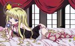  1girl bed blonde_hair blue_eyes digital_media_player evangeline_a_k_mcdowell feet highres long_hair long_image mahou_sensei_negima mahou_sensei_negima! negi_springfield no_shoes solo thighhighs wide_image 