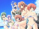  ayase_shion bikini breast_hold breasts brown_hair cleavage day duplicate green_hair komorebi_no_namikimichi long_hair masaki_kaede medium_breasts multiple_girls nakazato_sakura non-web_source one_eye_closed purple_hair red_hair small_breasts swimsuit twintails yukizakura_himeno yukizakura_ibuki yukizakura_momiji yuuki_mitsuru 