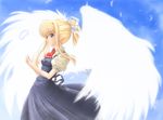  air angel_wings black_dress blonde_hair blue_sky blush cloud cowboy_shot day dress feathered_wings from_side green_eyes hide_(rightstuff_annex) kamio_misuzu profile puffy_short_sleeves puffy_sleeves short_hair short_sleeves sidelocks sky solo white_wings wings 