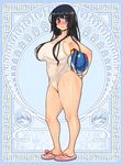  ball beachball black_hair blue_eyes blush breasts carrying covered_navel covered_nipples full_body hair_over_breasts huge_breasts long_hair official_art one-piece_swimsuit ryoji_(nomura_ryouji) sandals silver_rain smile solo swimsuit wet white_swimsuit 