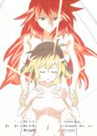  amou_kanade behind_another breasts closed_eyes collarbone hands_on_own_chest highres large_breasts light_brown_hair light_rays long_hair looking_at_another mototenn multiple_girls navel nude parted_lips red_eyes red_hair scar senki_zesshou_symphogear short_hair smile tachibana_hibiki_(symphogear) teeth text_focus very_long_hair wavy_hair white_background 