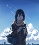  :d aircraft airplane bag black_eyes black_hair blue_sky building camera cloud coat condensation_trail day eyepatch holding holding_camera jet loglancer long_hair long_sleeves open_mouth original outdoors scarf school_bag sky skyline smile solo standing yellow_scarf 