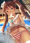  anchor ass_visible_through_thighs backlighting bangs blue_sky blush bow bow_panties breasts brown_hair cameltoe collarbone cowboy_shot day dress dress_lift electric_fan fan fang fanning_crotch food food_in_mouth from_below groin hair_ornament hair_ribbon hot indoors kantai_collection libeccio_(kantai_collection) lifted_by_self long_hair looking_at_viewer mouth_hold navel neckerchief nose_blush orange_eyes panties popsicle ribbon sailor_collar sailor_dress sideboob signature sky sleeveless sleeveless_dress sliding_doors small_breasts solo standing striped striped_neckwear striped_panties sunlight sweat tan twintails underwear white_dress zukky 