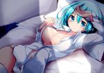  :o aqua_eyes aqua_hair areola_slip areolae ass_visible_through_thighs bed_sheet blush bow bow_panties breasts buttons collarbone divine_gate hair_bow hand_on_forehead highres long_sleeves looking_at_viewer lying medium_breasts nanaume_(shichimi_tougarashi) navel no_bra on_back on_bed open_clothes open_shirt panties parted_lips pillow shadow shirt short_hair skirt skirt_removed solo thighhighs unbuttoned underwear vivian_(divine_gate) white_legwear white_shirt 