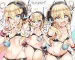  1girl :d ahoge albacore_(azur_lane) azur_lane bangs bare_shoulders bikini blonde_hair blush breasts collarbone commentary_request eyebrows_visible_through_hair eyes_visible_through_hair fang green_eyes hair_between_eyes headphones highres kanjitomiko long_hair looking_at_viewer navel open_mouth small_breasts smile solo swimsuit tears translation_request v-shaped_eyebrows 