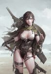  arm_belt artstation_sample bangs blue_eyes braid breasts brown_hair buckle cape choker cleavage contrapposto corset cross-laced_clothes day desert dongho_kang fantasy gauntlets greatsword grey_sky hand_on_hilt highleg holding_strap image_sample leather lips long_hair long_sword looking_at_viewer messy_hair original outdoors parted_lips realistic scabbard sheath sheathed shield single_gauntlet sky solo standing sword thigh_strap thighhighs torn_cape twin_braids underbust vial weapon wind 