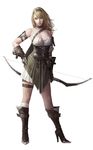  arrow artstation_sample bare_shoulders blonde_hair blue_eyes boots bow_(weapon) breasts brown_footwear cleavage collar dongho_kang hairband hand_on_hip head_tilt high_heel_boots high_heels holding image_sample long_hair looking_at_viewer original quiver realistic simple_background solo weapon white_background 