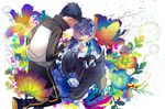  1girl black_hair blue_hair closed_eyes detached_sleeves flower forehead-to-forehead hair_ornament hair_over_one_eye holding_hands km_(kyoma0) maid natsuki_subaru re:zero_kara_hajimeru_isekai_seikatsu rem_(re:zero) short_hair white_legwear x_hair_ornament 