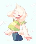  asriel_dreemurr blush caprine clothing cute fluffy goat mammal mint_chiryong_(artist) shirt shorts shota simple_background smile spinning undertale video_games young 