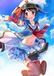  absurdres black_hair cloud day dress fingerless_gloves gloves hat highres love_live! love_live!_school_idol_project midriff navel peaked_cap red_eyes sailor_dress satoimo_chika sky smile solo striped striped_gloves thighhighs yazawa_nico 