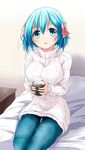  :d aqua_eyes aqua_hair bed_sheet bow coffee cup denim divine_gate hair_bow highres holding holding_cup indoors jeans long_sleeves looking_at_viewer nanaume_(shichimi_tougarashi) on_bed open_mouth pants parted_lips pink_bow ribbed_sweater short_hair sitting smile solo steam sweater turtleneck vivian_(divine_gate) 