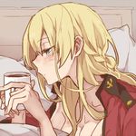  bed blonde_hair blue_eyes blush braid breasts coffee coffee_mug commentary_request cup darjeeling girls_und_panzer hair_down hickey holding jacket_on_shoulders long_hair medium_breasts military military_uniform mug no_shirt pillow ree_(re-19) sleepy solo st._gloriana's_military_uniform under_covers uniform 