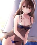 adapted_costume ashigara_(kantai_collection) bangs bikini bikini_bottom bikini_top breasts brown_eyes brown_hair cleavage commentary_request floral_print front-tie_bikini front-tie_top hairband hand_on_own_arm highres holding_arm kantai_collection long_hair medium_breasts neit_ni_sei nervous nervous_smile panties pool remodel_(kantai_collection) see-through side-tie_bikini sidelocks sketch smile solo sweatdrop swimsuit underwear wall water wet 