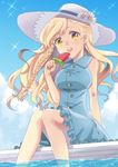 aikoi_(arararaaren) alternate_costume alternate_headwear arm_support bare_arms blonde_hair blue_dress blue_sky braid breasts buttons casual contemporary day dress earrings flower food frilled_dress frills hat hat_flower highres jewelry kirisame_marisa knees_together_feet_apart large_breasts light_particles lips lipstick long_hair looking_at_viewer makeup popsicle single_braid sitting sky sleeveless sleeveless_dress solo sparkle star stud_earrings tongue tongue_out touhou water watermelon_bar wavy_hair yellow_eyes 