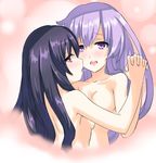  after_kiss bad_id bad_pixiv_id black_hair blush breasts hexun6 holding_hands long_hair looking_at_viewer medium_breasts multiple_girls nepgear neptune_(series) nude open_mouth purple_eyes purple_hair red_eyes saliva saliva_trail small_breasts uni_(choujigen_game_neptune) yuri 